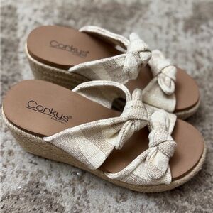 Corkys Cream and Tan Wedge Sandals